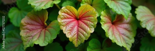 Thick fleshy heart-shaped leaves of Bergenia crassifolia plant in autumn color, green, gardenplant, heartleaf