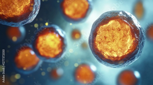 Aging cells viewed under a microscope in a clean research laboratory. Featuring aging and cellular damage