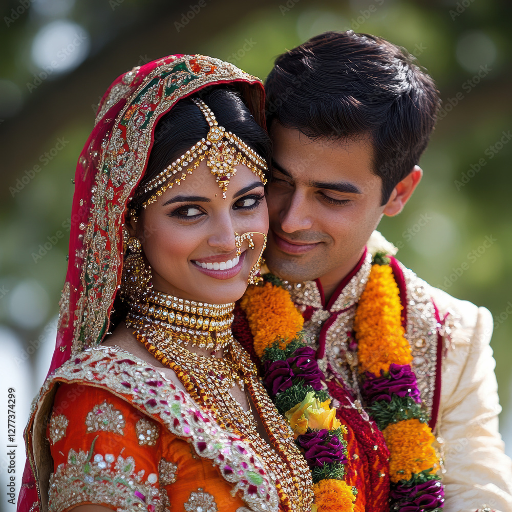 Fototapeta premium Joyful indian wedding celebration outdoor venue photography vibrant background close-up perspective love and tradition