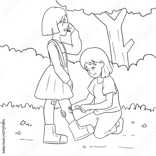 Kid Helping Each Other Coloring Page