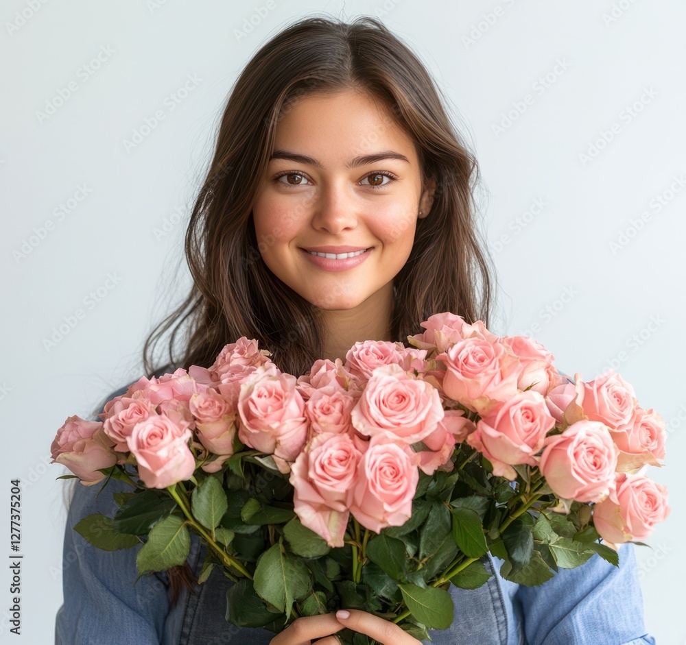 Cheerful florist woman holding pink roses in photorealistic image on white background. Woman wearing apron and blue shirt. Cheerful florist woman holding pink roses in photorealistic image on white background. Woman wearing apron and blue shirt.
