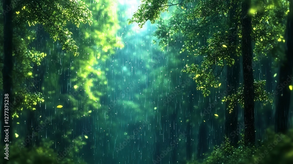 Obraz premium Serene Rain Forest Lush Greenery Falling Drops Tranquil Nature Scene