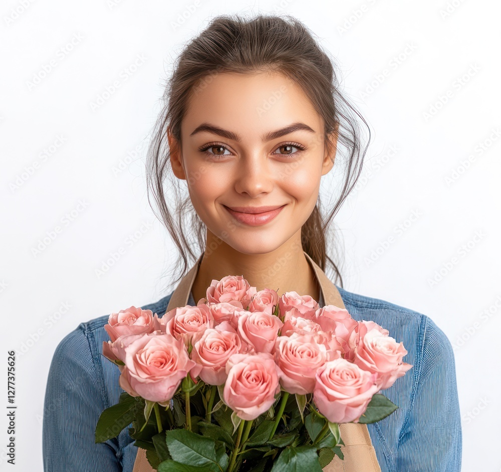 Cheerful florist woman holding pink roses in photorealistic image on white background. Woman wearing apron and blue shirt. Cheerful florist woman holding pink roses in photorealistic image on white background. Woman wearing apron and blue shirt.