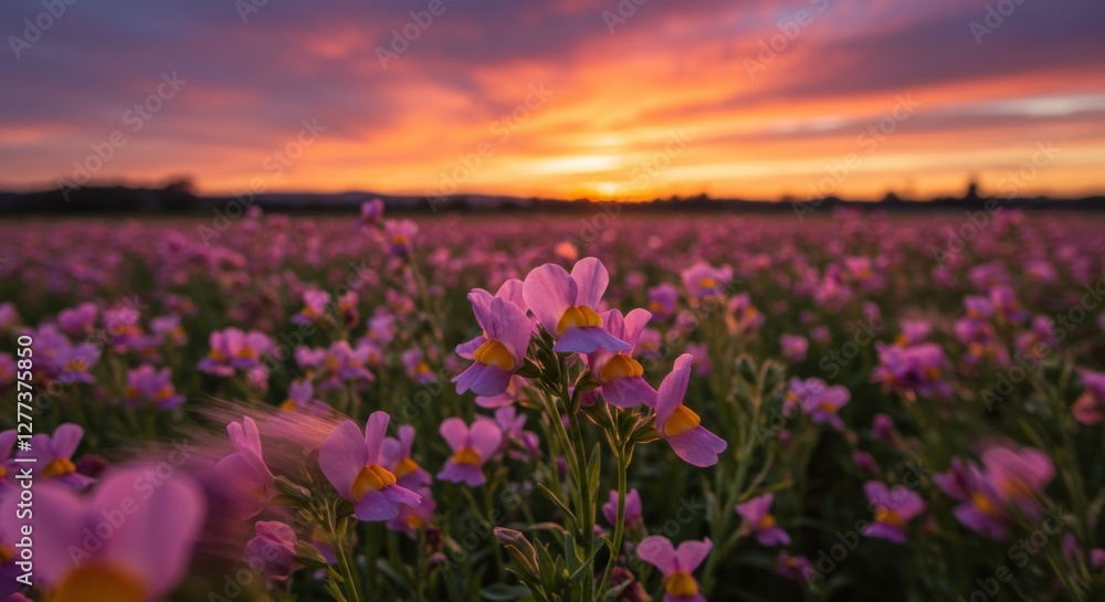 Fototapeta premium A vibrant field of pink nemesia flowers under a stunning sunset, showcasing nature's beauty and tranquility