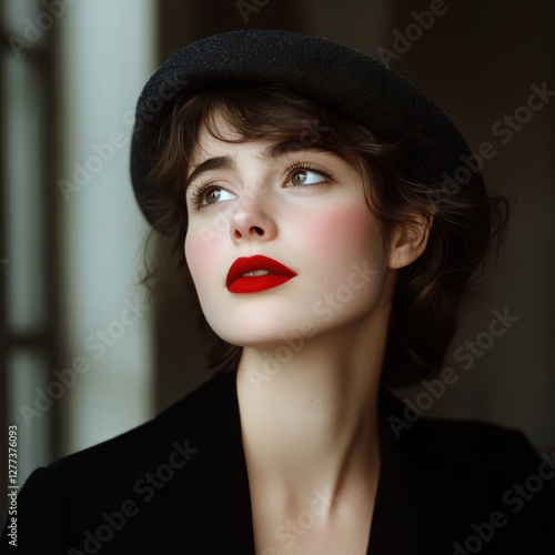 Wallpaper Mural Elegant portrait of a young woman with bold red lips indoor setting fashion photography soft lighting timeless beauty Torontodigital.ca