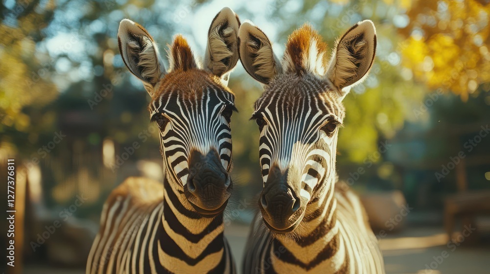 Fototapeta premium Two zebras standing together in a field.