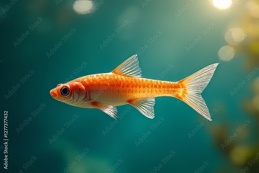 Fototapeta premium Orange Fish in Aquarium Water, Close-Up View of Fin Detail