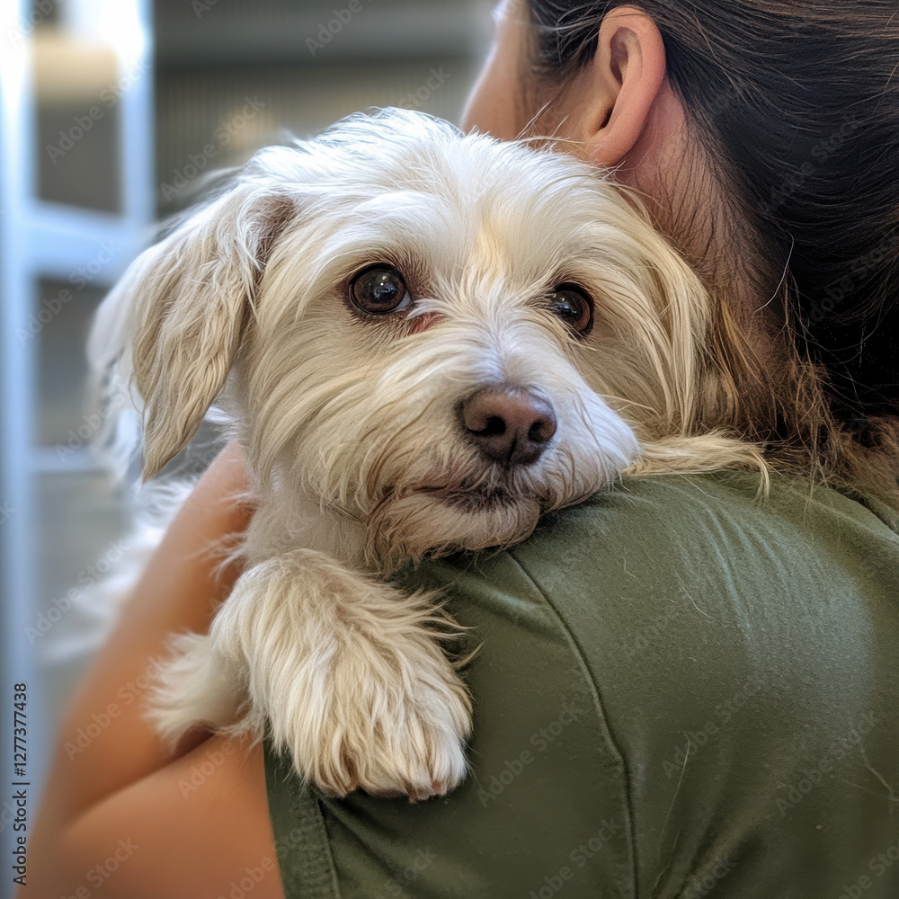 Cuddly dog being held home pet photography cozy indoor setting close-up love and companionship Cuddly dog being held home pet photography cozy indoor setting close-up love and companionship