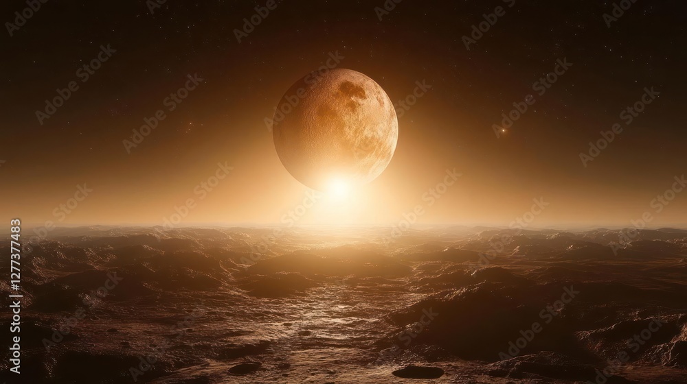 Fototapeta premium A planet rising over a barren landscape.