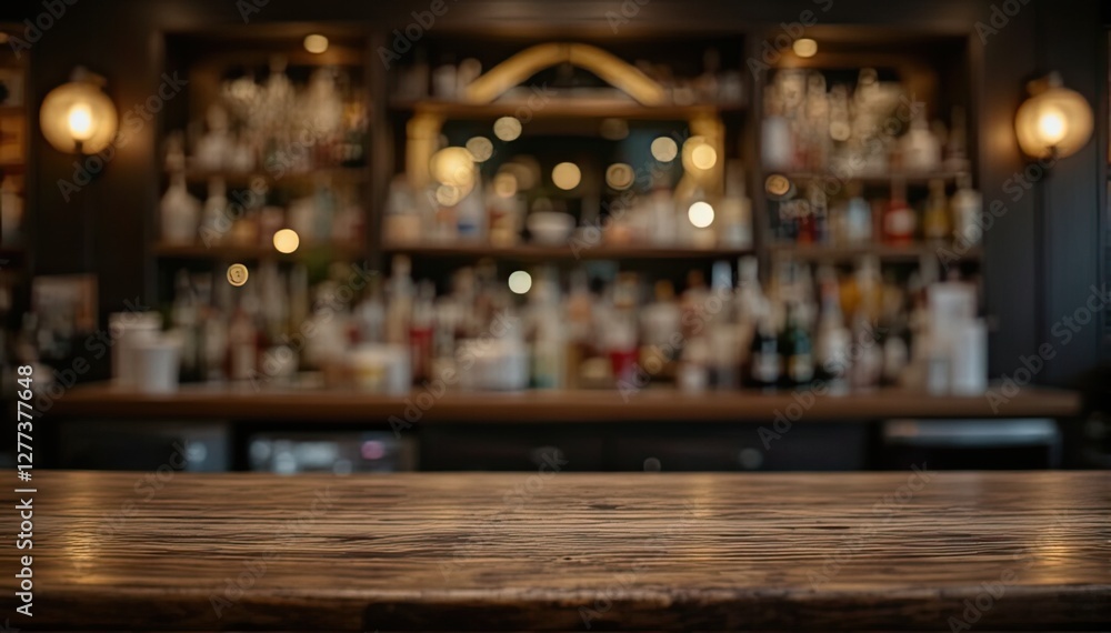 Rustic Bar Counter with Blurred Background Full of Bottles Rustic Bar Counter with Blurred Background Full of Bottles