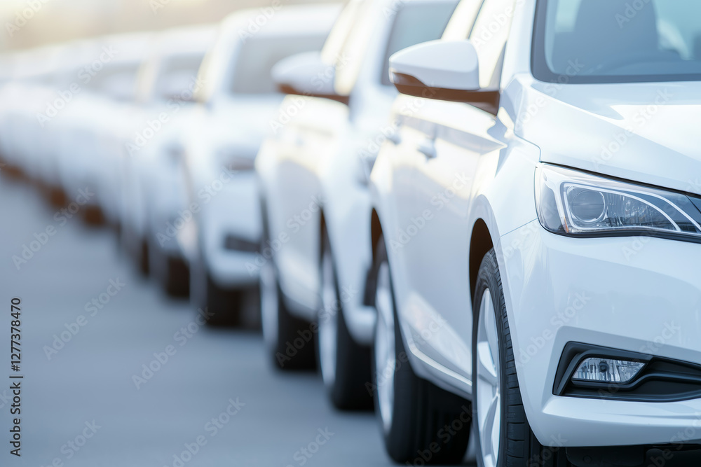 Fototapeta premium Fleet of hybrid vehicles parked, lined in row shows eco friendly future