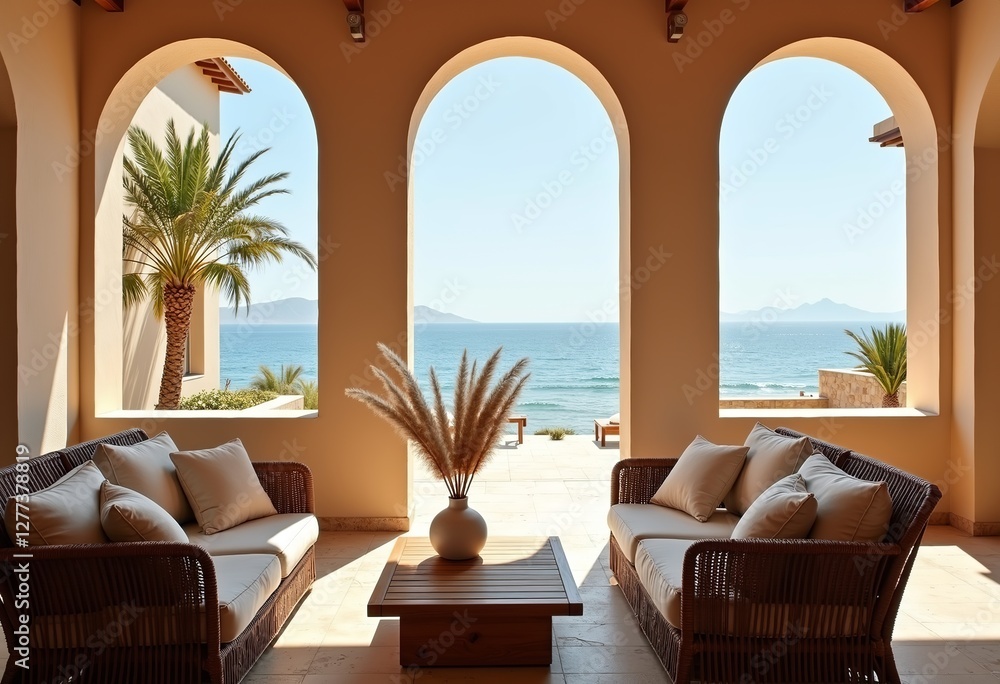 Obraz premium Minimalist Beachside Patio: Mediterranean Style, Neutral Tones, and a Warm View Framed by Stone Columns