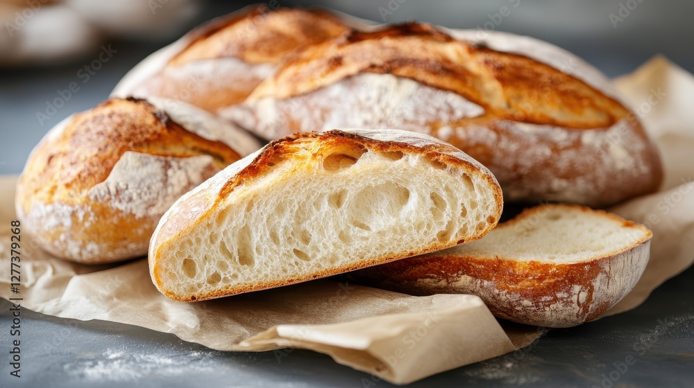 Artisan sourdough bread sliced showcasing its airy texture on dark backdrop Artisan sourdough bread sliced showcasing its airy texture on dark backdrop