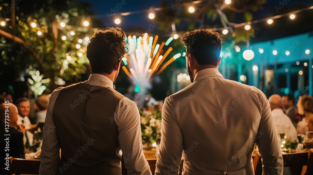 Romantic LGBTQ Couple Holding Hands with Fireworks in Background Romantic LGBTQ Couple Holding Hands with Fireworks in Background