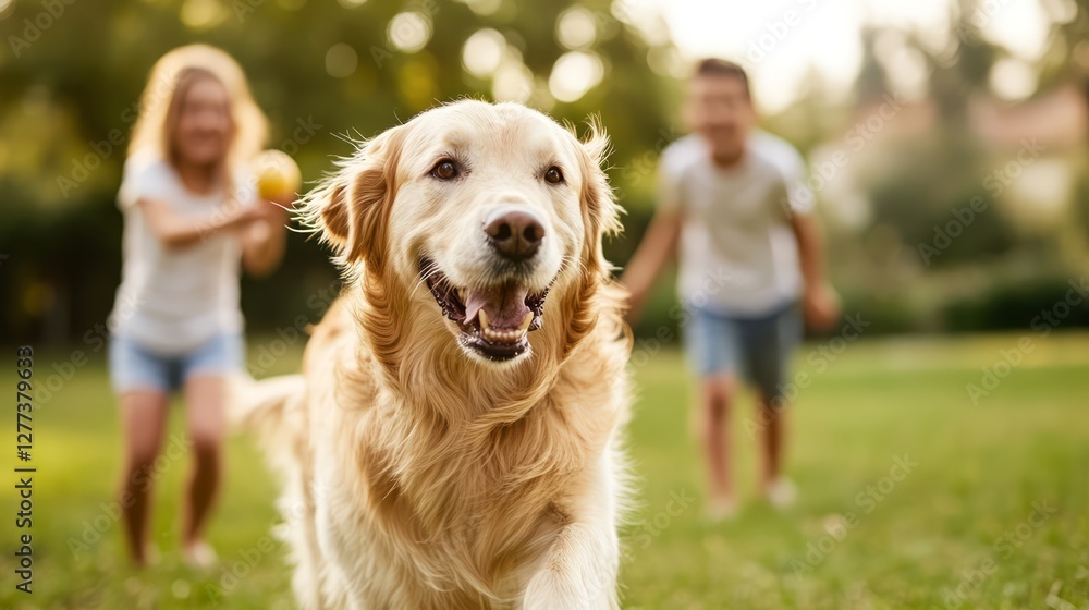 Joyful Golden Retriever Running in a Lush Green Park with Children Playing in the Background on a Sunny Day, Capturing the Essence of Outdoor Fun and Companionship Joyful Golden Retriever Running in a Lush Green Park with Children Playing in the Background on a Sunny Day, Capturing the Essence of Outdoor Fun and Companionship