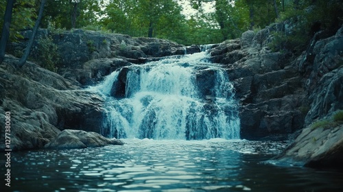 A serene waterfall surrounded by lush greenery