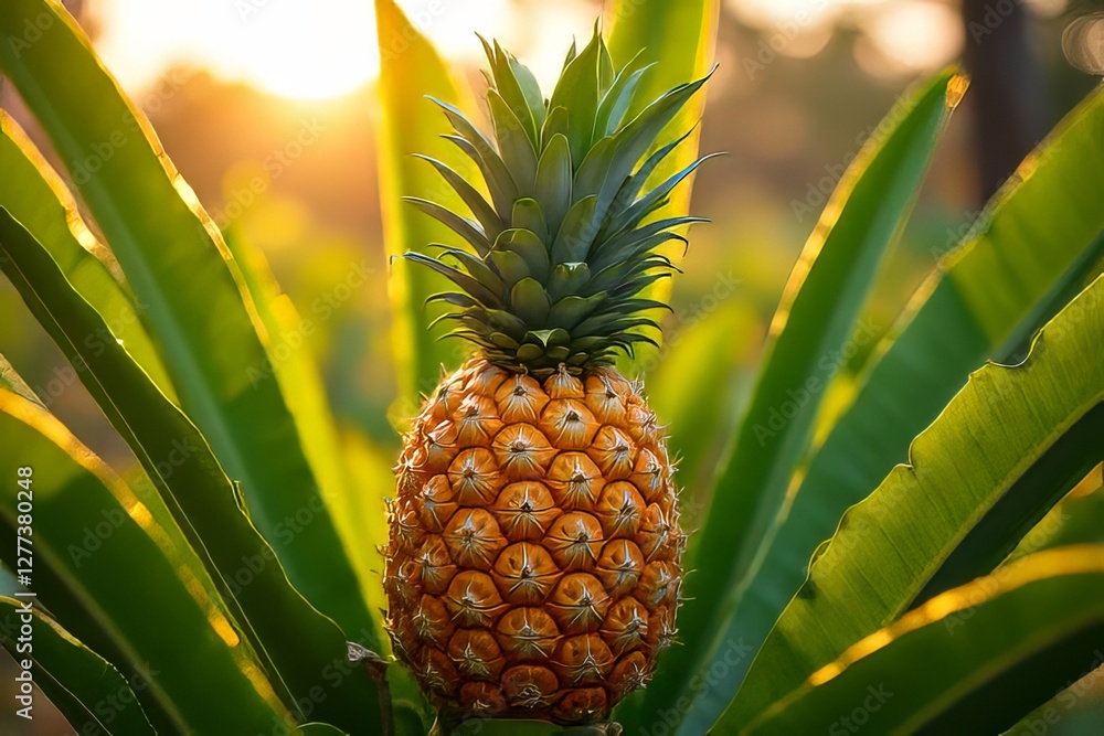 Obraz premium Ripe Pineapple on a Plant in Sunlight