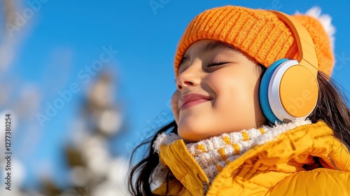 Young Indian girl enjoys music during a bright winter morning walk