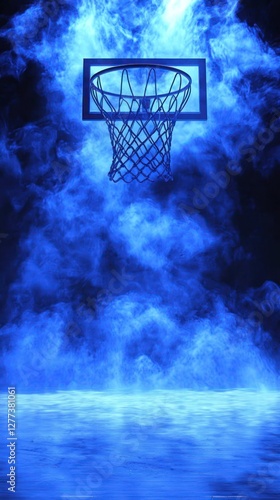 Basketball hoop in a smoky, ethereal blue scene.  Possible use Sports background, game backdrop