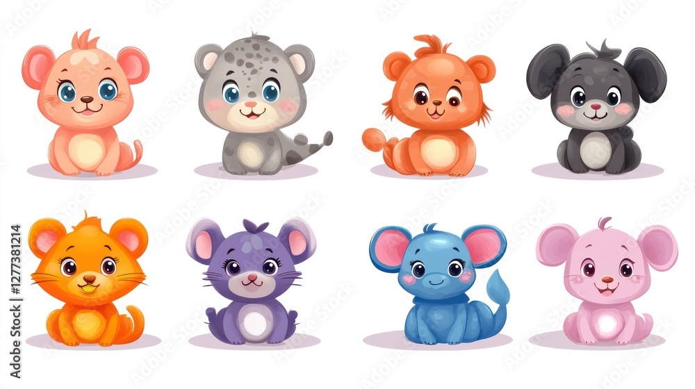 Cute cartoon animal characters set. Collection of adorable, stylized animal illustrations, various colors, sitting poses. Cute cartoon animal characters set. Collection of adorable, stylized animal illustrations, various colors, sitting poses.