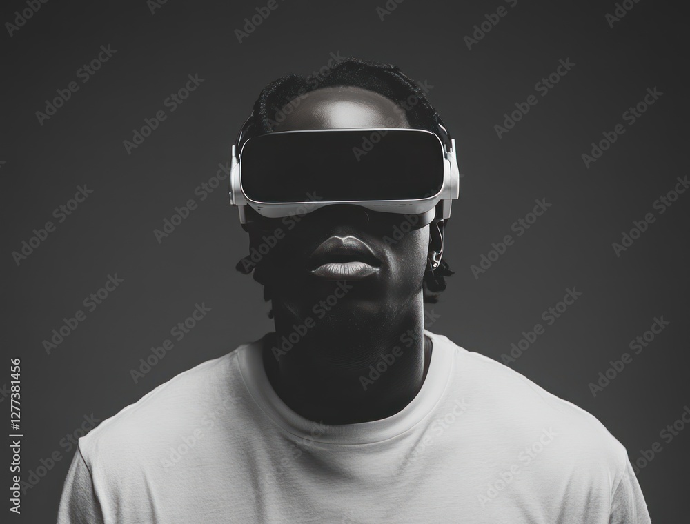 Virtual Reality Experience: Black Man in White T-Shirt with VR Headset in Symmetrical Composition, High-Resolution Wide Angle Photography Virtual Reality Experience: Black Man in White T-Shirt with VR Headset in Symmetrical Composition, High-Resolution Wide Angle Photography