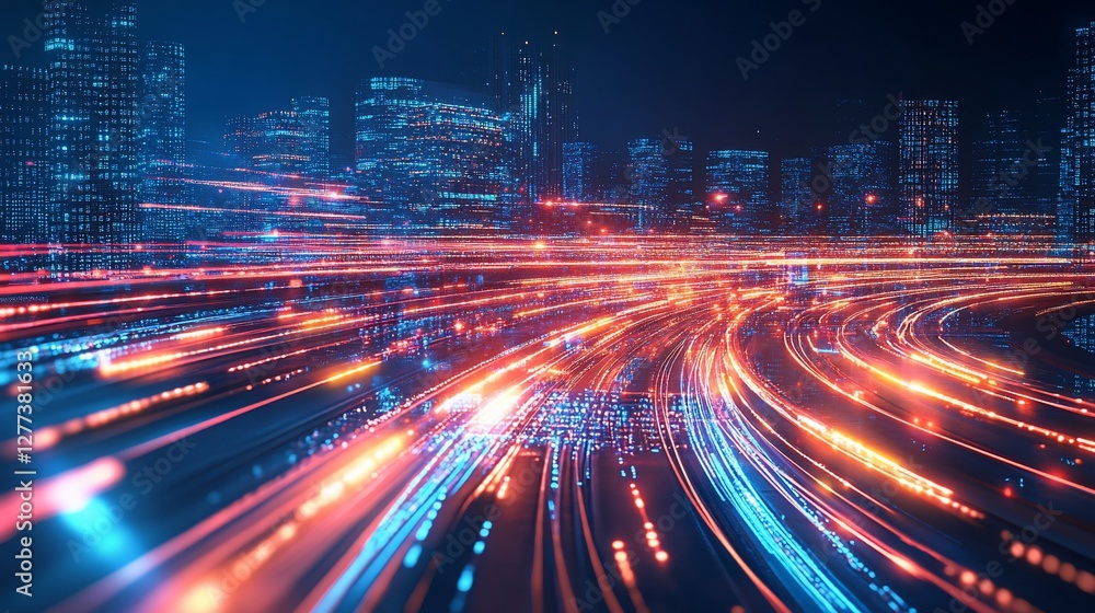 Futuristic Cityscape with Data Streams and Light Trails