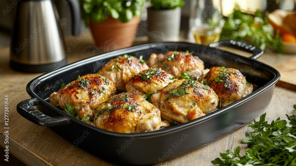 A delicious dish of roasted chicken thighs garnished with herbs in a black baking tray. A delicious dish of roasted chicken thighs garnished with herbs in a black baking tray.