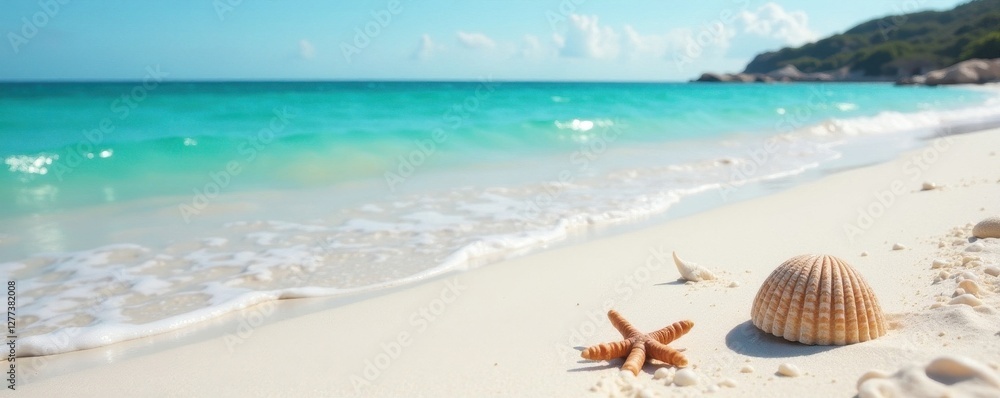 Fine white sand, gentle waves lapping shore, seashells scattered, white, design Fine white sand, gentle waves lapping shore, seashells scattered, white, design