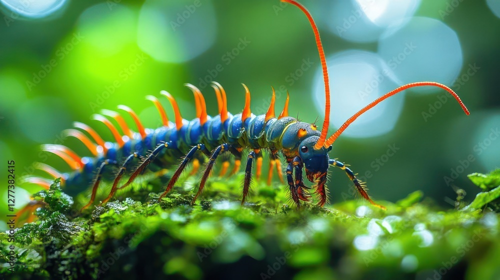 Close-up of a centipede insect with vibrant blue and orange colors Close-up of a centipede insect with vibrant blue and orange colors