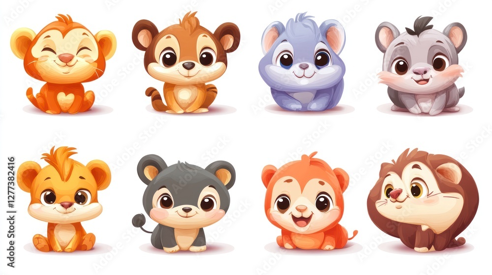 Cute cartoon animal characters set, various species, playful expressions, sitting poses. Cute cartoon animal characters set, various species, playful expressions, sitting poses.