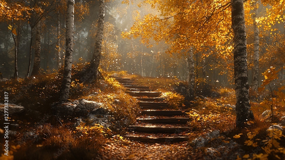 Sunlit autumn forest path with stone stairs. Sunlit autumn forest path with stone stairs.