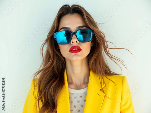 Wallpaper Mural Fashionable Woman in Oversized Blue Sunglasses & Yellow Jacket – Modern, Bold, High-Fashion Look with Vibrant Colors, Red Lipstick, and Turquoise Background – Trendy, Elegant, and Confident Aesthetic
 Torontodigital.ca