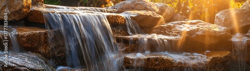 Cascading Water over Rocks, Sunlight, Peaceful Scene, Outdoor Decor