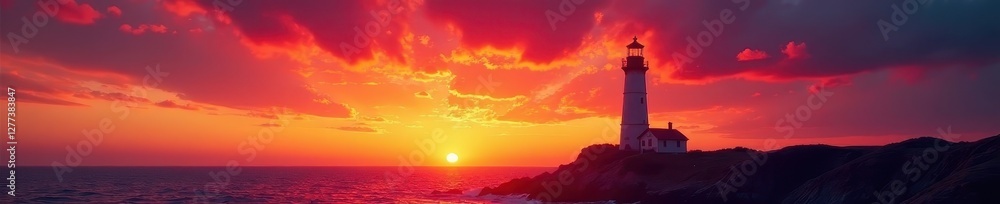 Iconic lighthouse silhouetted against fiery sunset sky, light, ocean Iconic lighthouse silhouetted against fiery sunset sky, light, ocean