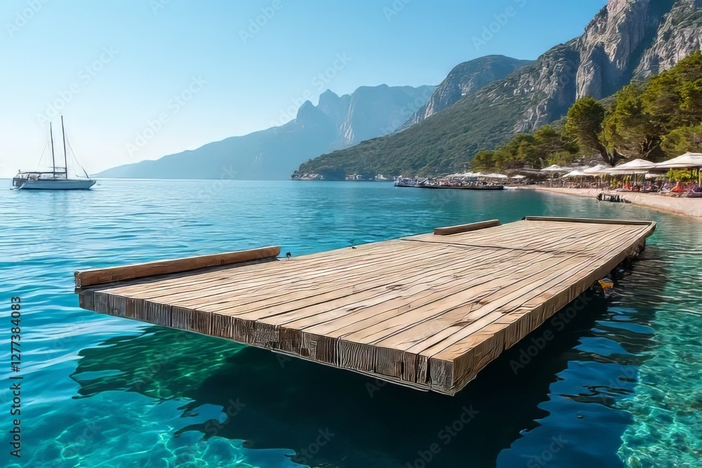 Obraz premium Stunning Wooden Pier Over Crystal-Clear Water with Mountains and Boats in Background
