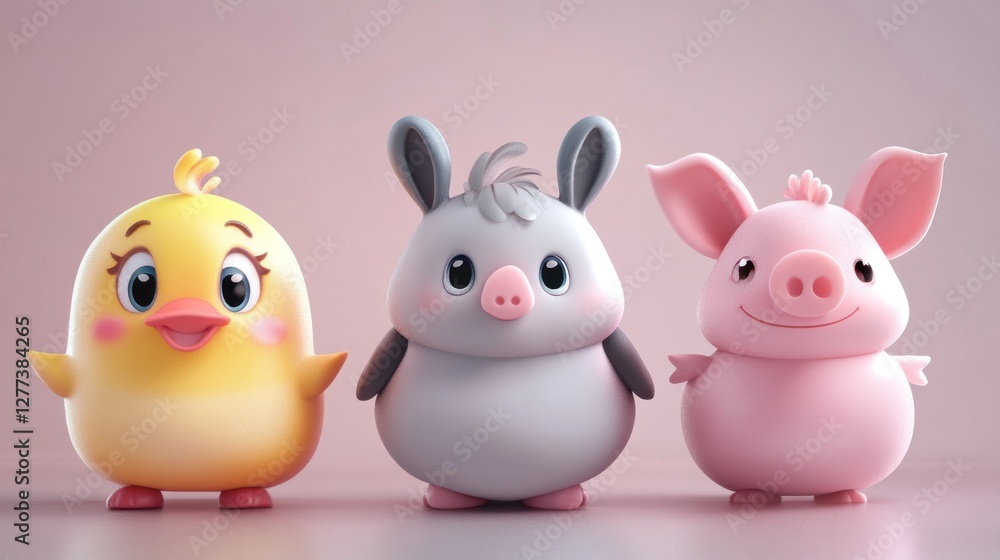 Cute cartoon animal characters, standing in a row, with pastel colors, 3d render, adorable. Cute cartoon animal characters, standing in a row, with pastel colors, 3d render, adorable.