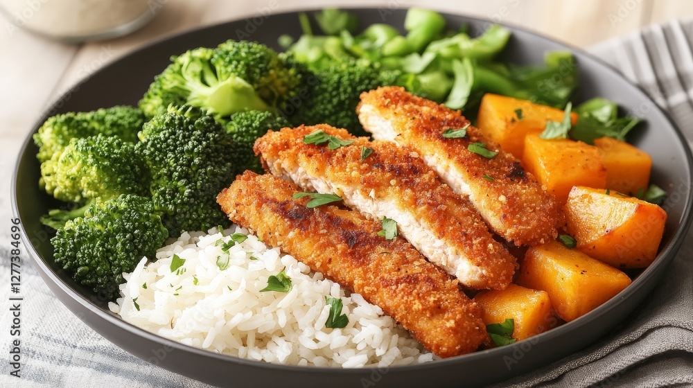 A delicious meal featuring breaded chicken, rice, broccoli, and butternut squash. A delicious meal featuring breaded chicken, rice, broccoli, and butternut squash.