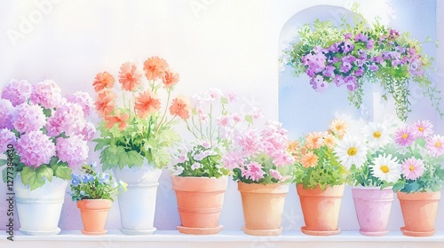 Fototapeta Naklejka Na Ścianę i Meble -  Vibrant Blossoms on a Sunny Patio, A cheerful display of colorful flowers in pots, enhancing the beauty of an outdoor garden during spring and summer, evoking freshness and growth.
