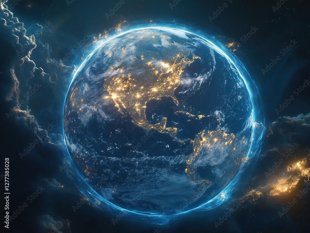 Fototapeta premium Earth in deep space with distant stars and nebula clouds