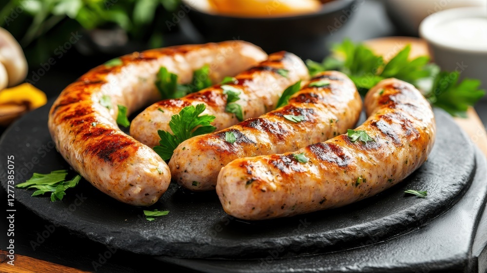 Savory pork chipolatas sizzle in a frying pan on a dark stone surface Savory pork chipolatas sizzle in a frying pan on a dark stone surface
