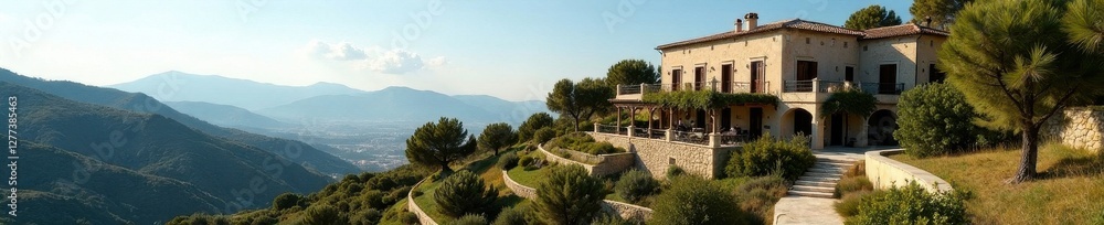 Mediterranean style villa, terraced garden with olive trees, summer, hills Mediterranean style villa, terraced garden with olive trees, summer, hills