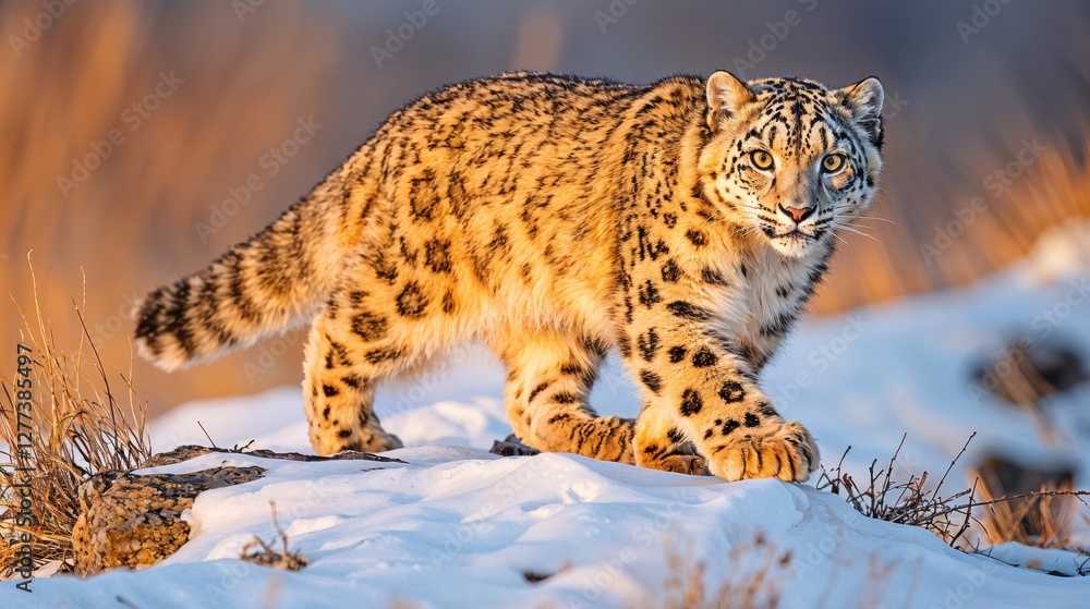 Fototapeta premium Snow leopard moves elegantly across a pristine blanket of snow, its striking fur blending beautifully with the surroundings. Morning light highlights its athletic form and watchful eyes.