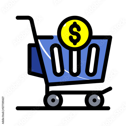 Shopping market shopping cart with dollar sign on top. Perfect for financial concepts, online shopping, retail marketing, and consumerism designs.