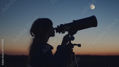 Silhouette of woman using telescope at sunset, moon visible.