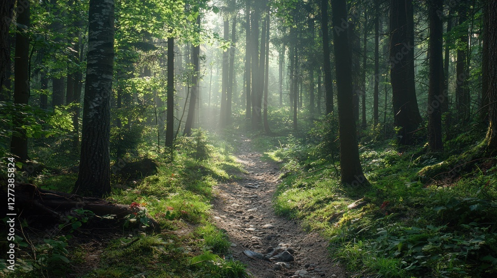 Obraz premium Sunlit Path Through Mystical Forest