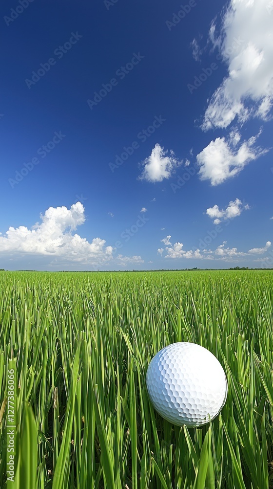 Golf ball in a field under a blue sky. Possible use Stock photo Golf ball in a field under a blue sky. Possible use Stock photo