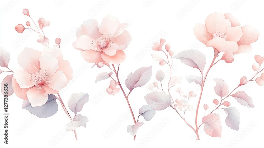 Obraz premium Delicate Floral Elegance, a monochromatic watercolor illustration showcasing intricate details of flowers, perfect for artistic and nature-themed concepts or elegant backgrounds.