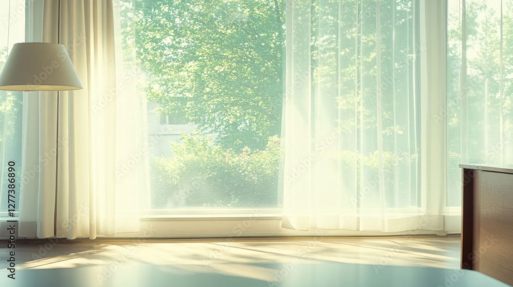 Fototapeta premium Serene Sunlit Room with Sheer Curtains and Lush Green View