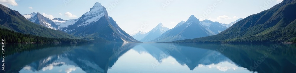 Jagged peaks perfectly reflected, tranquil lake, summit, landscape Jagged peaks perfectly reflected, tranquil lake, summit, landscape