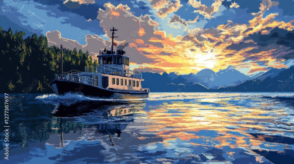 Obraz premium Serene Sunset Cruise: A Majestic Mountain Lake Escape